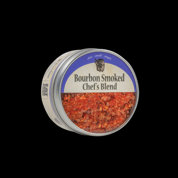Bourbon Barrel Foods Bourbon Smoked Chefs Blend tin at an angle.
